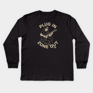 Plug In & Zone Out. Vintage Guitar Vibes Tee Kids Long Sleeve T-Shirt
