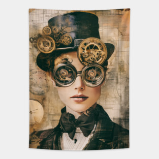 Steampunk Portrait with Gears and Goggles Tapestry