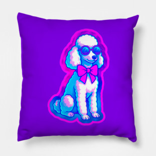 Retro Vaporwave Poodle – Neon 80s Dog with Sunglasses & Bow Pillow