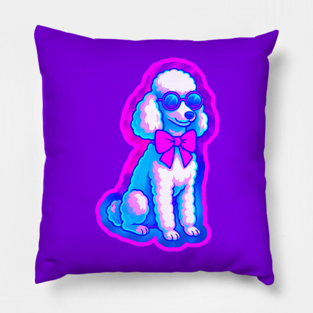 Retro Vaporwave Poodle – Neon 80s Dog with Sunglasses & Bow Pillow by DonWillisJrArt