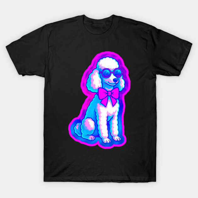 Retro Vaporwave Poodle – Neon 80s Dog with Sunglasses & Bow T-Shirt by DonWillisJrArt