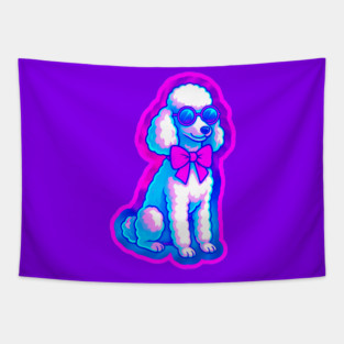 Retro Vaporwave Poodle – Neon 80s Dog with Sunglasses & Bow Tapestry