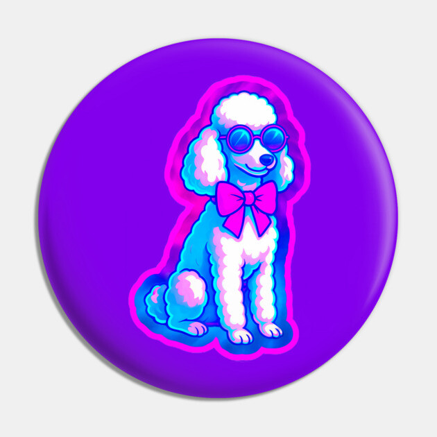 Retro Vaporwave Poodle – Neon 80s Dog with Sunglasses & Bow Pin by DonWillisJrArt