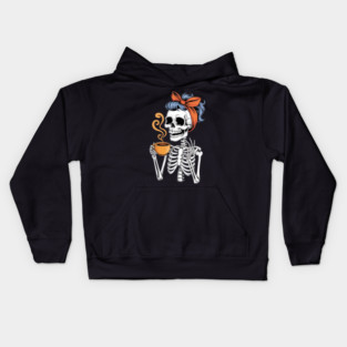 Halloween Skeleton Messy Bun Coffee Funny Kids Hoodie