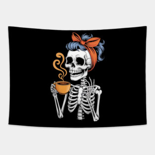 Halloween Skeleton Messy Bun Coffee Funny Tapestry
