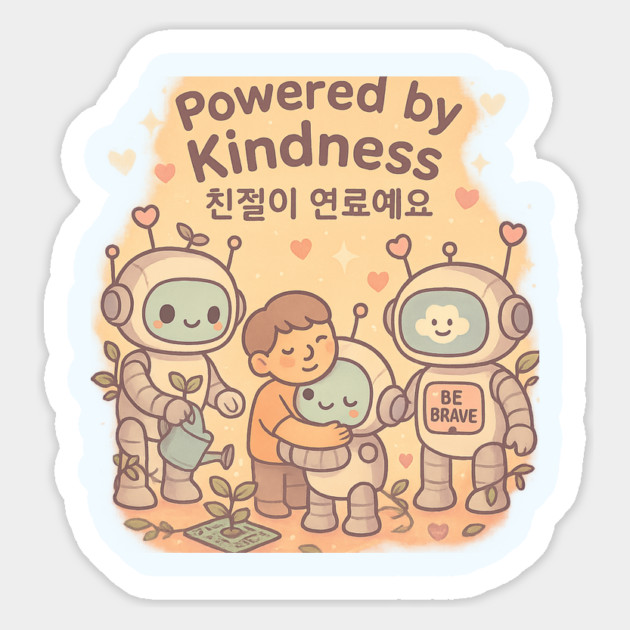 Powered by Kindness – Cute Robot Hug Korean Quote Design Magnet by Anne Lee