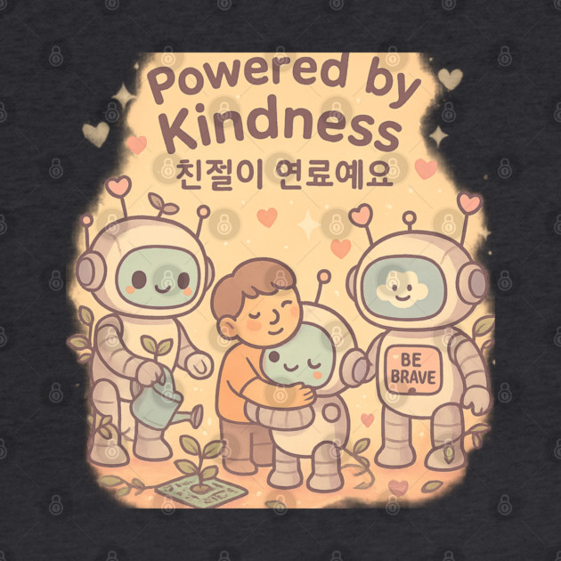 Powered by Kindness – Cute Robot Hug Korean Quote Design by Anne Lee