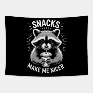 Snacks Make Me Nicer Raccoon Funny Cute Food Humor Tapestry