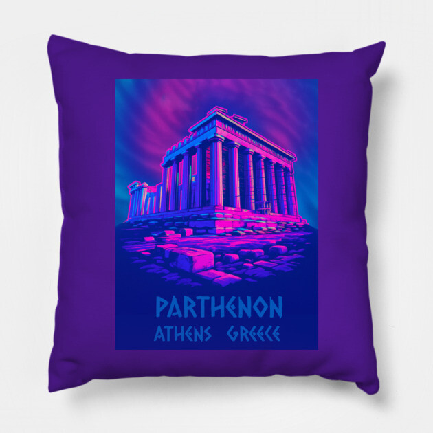 Chillwave Parthenon – Retro Greek Temple Vaporwave Art Pillow by DonWillisJrArt