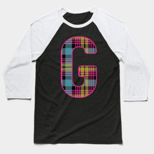 Monogram Letter G, Pink, Yellow, and Blue Scottish Tartan Style Typography Design Baseball T-Shirt