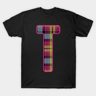Monogram Letter T, Pink, Yellow, and Blue Scottish Tartan Style Typography Design T-Shirt