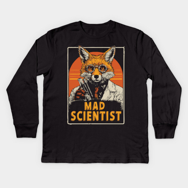 Mad Scientist Fox with Test Tubes Lab Coat Tee Kids Long Sleeve T-Shirt by TuncGK