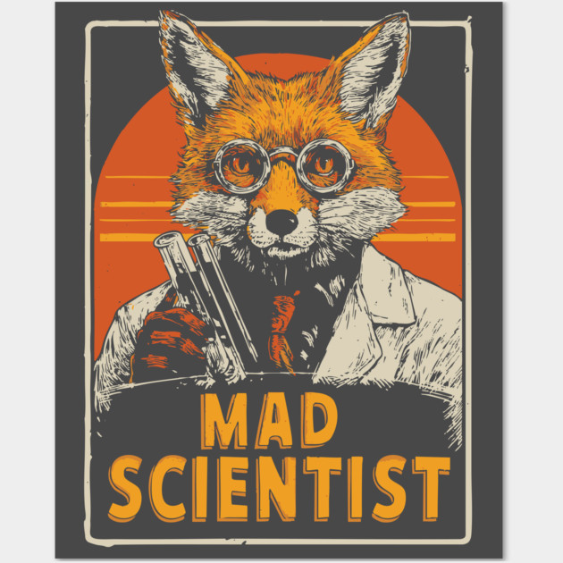 Mad Scientist Fox with Test Tubes Lab Coat Tee Wall Art by TuncGK