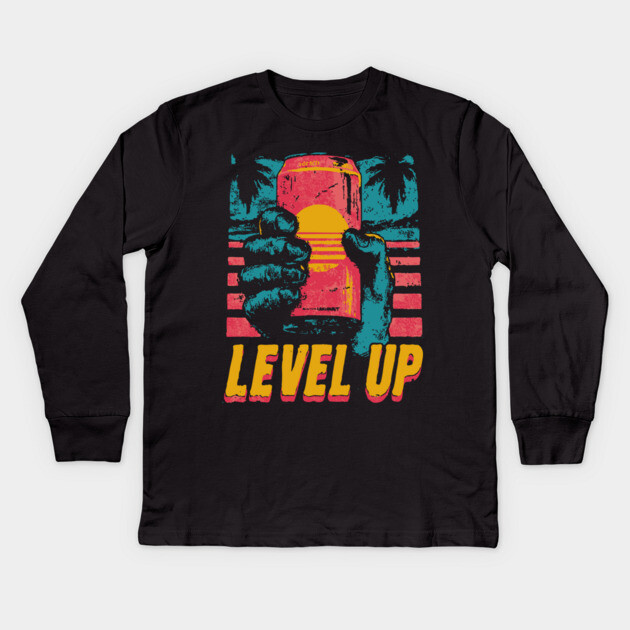 Level Up Energy Drink Gamer Tee for Late Night Warriors Kids Long Sleeve T-Shirt by TuncGK