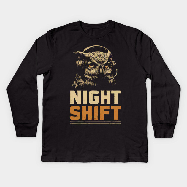 Night Shift Owl Headphones Tee for Late-Night Coders Kids Long Sleeve T-Shirt by TuncGK