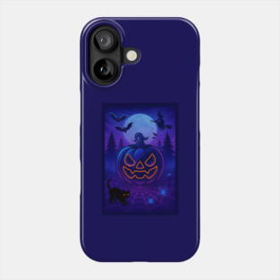 Neon Halloween Jack-o’-Lantern with Witch, Cat & Spiders – Vaporwave Night Scene Phone Case