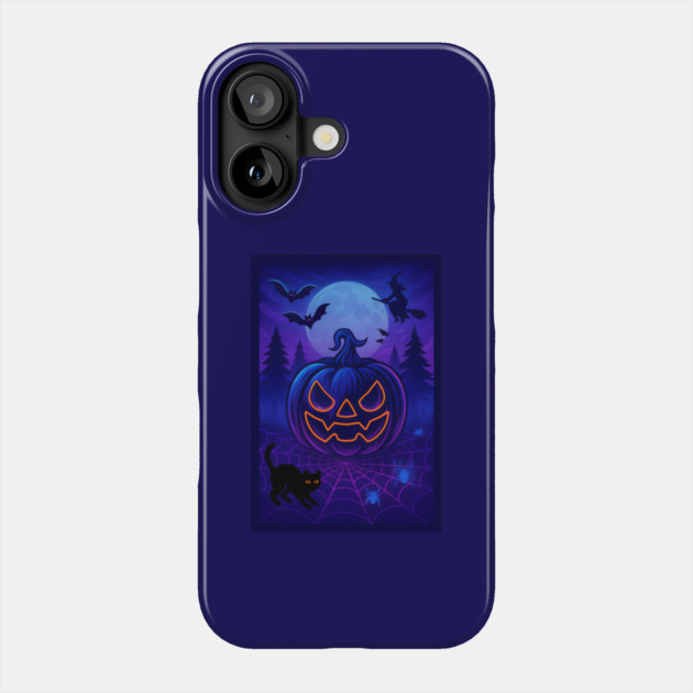 Neon Halloween Jack-o’-Lantern with Witch, Cat & Spiders – Vaporwave Night Scene Phone Case by DonWillisJrArt