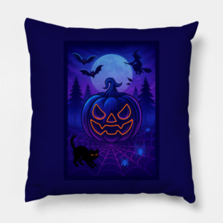 Neon Halloween Jack-o’-Lantern with Witch, Cat & Spiders – Vaporwave Night Scene Pillow
