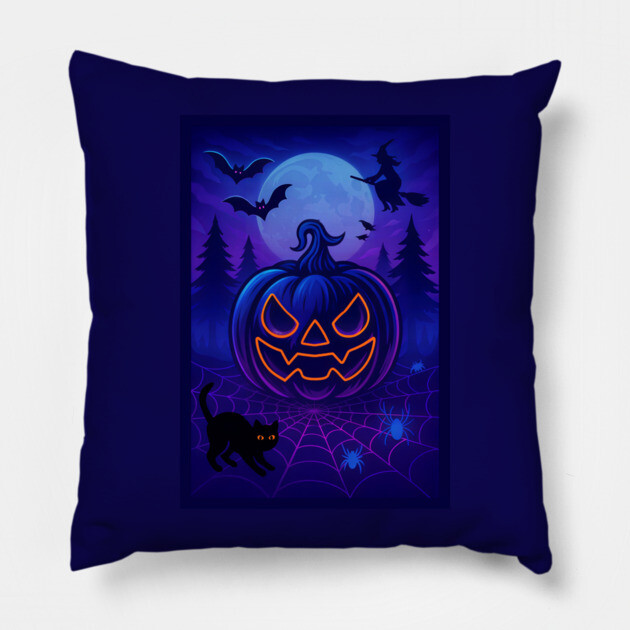 Neon Halloween Jack-o’-Lantern with Witch, Cat & Spiders – Vaporwave Night Scene Pillow by DonWillisJrArt