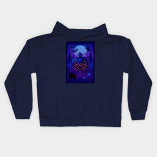 Neon Halloween Jack-o’-Lantern with Witch, Cat & Spiders – Vaporwave Night Scene Kids Hoodie