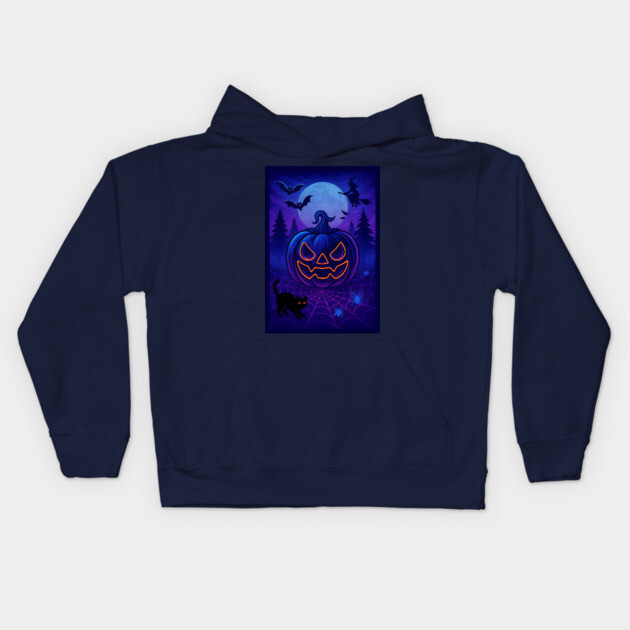 Neon Halloween Jack-o’-Lantern with Witch, Cat & Spiders – Vaporwave Night Scene Kids Hoodie by DonWillisJrArt