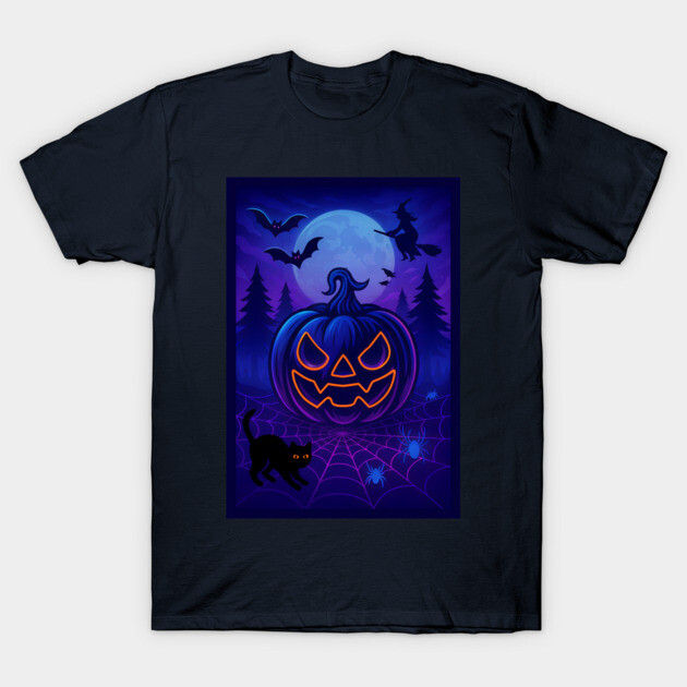 Neon Halloween Jack-o’-Lantern with Witch, Cat & Spiders – Vaporwave Night Scene T-Shirt by DonWillisJrArt