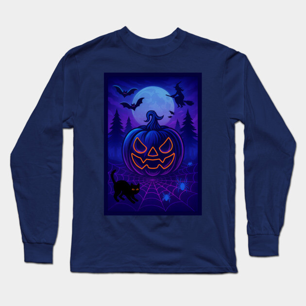 Neon Halloween Jack-o’-Lantern with Witch, Cat & Spiders – Vaporwave Night Scene Long Sleeve T-Shirt by DonWillisJrArt