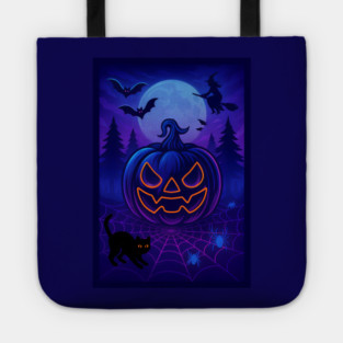Neon Halloween Jack-o’-Lantern with Witch, Cat & Spiders – Vaporwave Night Scene Tote