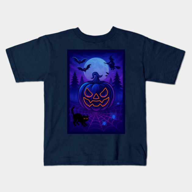 Neon Halloween Jack-o’-Lantern with Witch, Cat & Spiders – Vaporwave Night Scene Kids T-Shirt by DonWillisJrArt