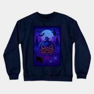 Neon Halloween Jack-o’-Lantern with Witch, Cat & Spiders – Vaporwave Night Scene Crewneck Sweatshirt