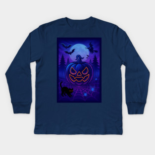 Neon Halloween Jack-o’-Lantern with Witch, Cat & Spiders – Vaporwave Night Scene Kids Long Sleeve T-Shirt