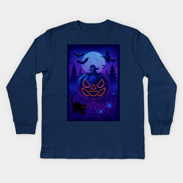 Neon Halloween Jack-o’-Lantern with Witch, Cat & Spiders – Vaporwave Night Scene Kids Long Sleeve T-Shirt by DonWillisJrArt