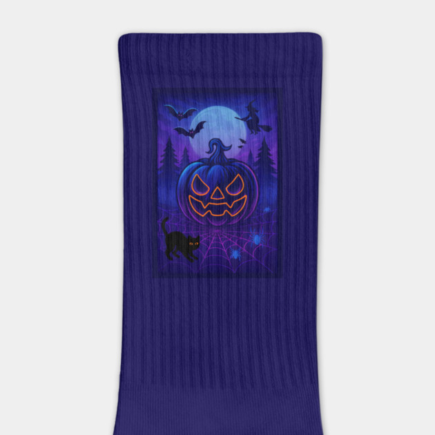 Neon Halloween Jack-o’-Lantern with Witch, Cat & Spiders – Vaporwave Night Scene by DonWillisJrArt