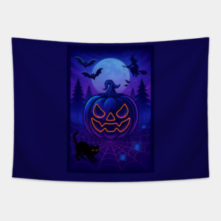 Neon Halloween Jack-o’-Lantern with Witch, Cat & Spiders – Vaporwave Night Scene Tapestry