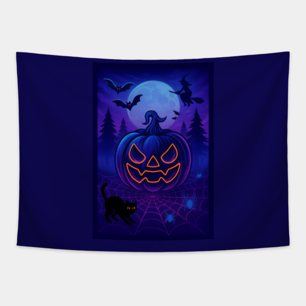 Neon Halloween Jack-o’-Lantern with Witch, Cat & Spiders – Vaporwave Night Scene Tapestry by DonWillisJrArt