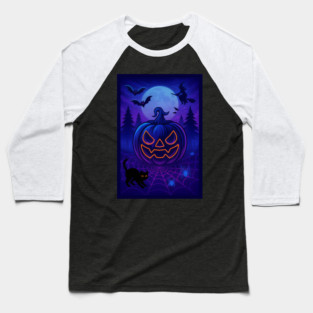 Neon Halloween Jack-o’-Lantern with Witch, Cat & Spiders – Vaporwave Night Scene Baseball T-Shirt