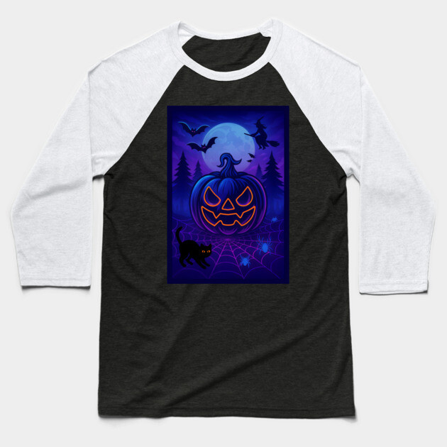 Neon Halloween Jack-o’-Lantern with Witch, Cat & Spiders – Vaporwave Night Scene Baseball T-Shirt by DonWillisJrArt