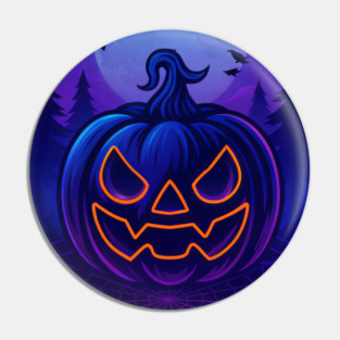 Neon Halloween Jack-o’-Lantern with Witch, Cat & Spiders – Vaporwave Night Scene Pin