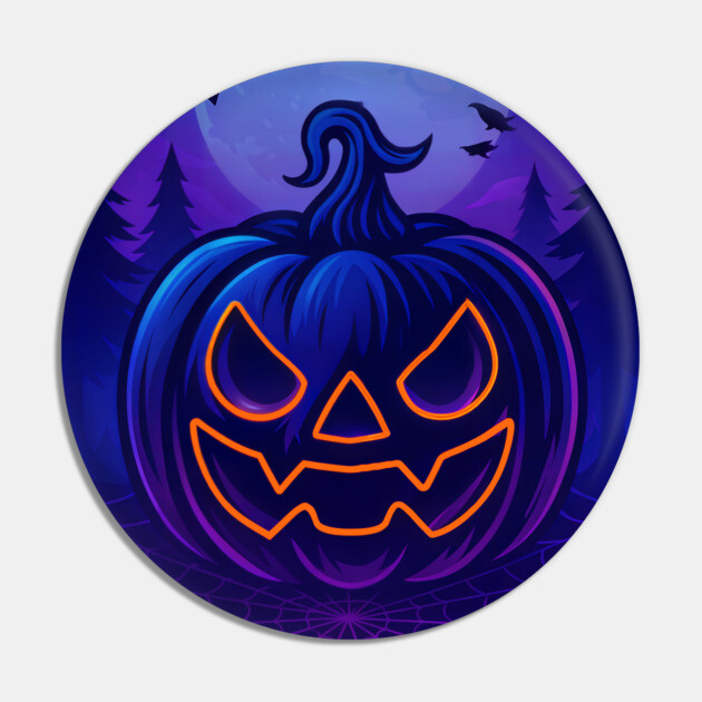 Neon Halloween Jack-o’-Lantern with Witch, Cat & Spiders – Vaporwave Night Scene Pin by DonWillisJrArt