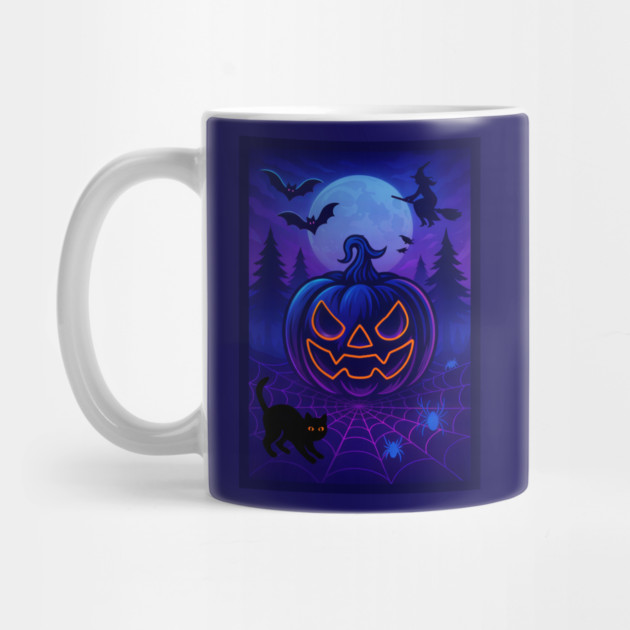 Neon Halloween Jack-o’-Lantern with Witch, Cat & Spiders – Vaporwave Night Scene by DonWillisJrArt