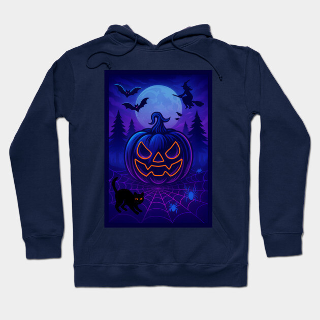 Neon Halloween Jack-o’-Lantern with Witch, Cat & Spiders – Vaporwave Night Scene Hoodie by DonWillisJrArt