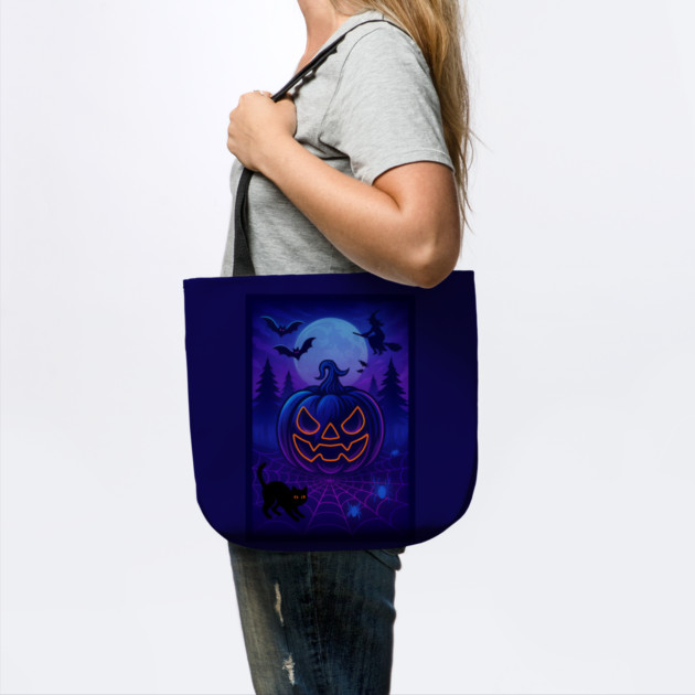Neon Halloween Jack-o’-Lantern with Witch, Cat & Spiders – Vaporwave Night Scene by DonWillisJrArt