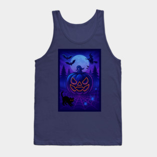 Neon Halloween Jack-o’-Lantern with Witch, Cat & Spiders – Vaporwave Night Scene Tank Top