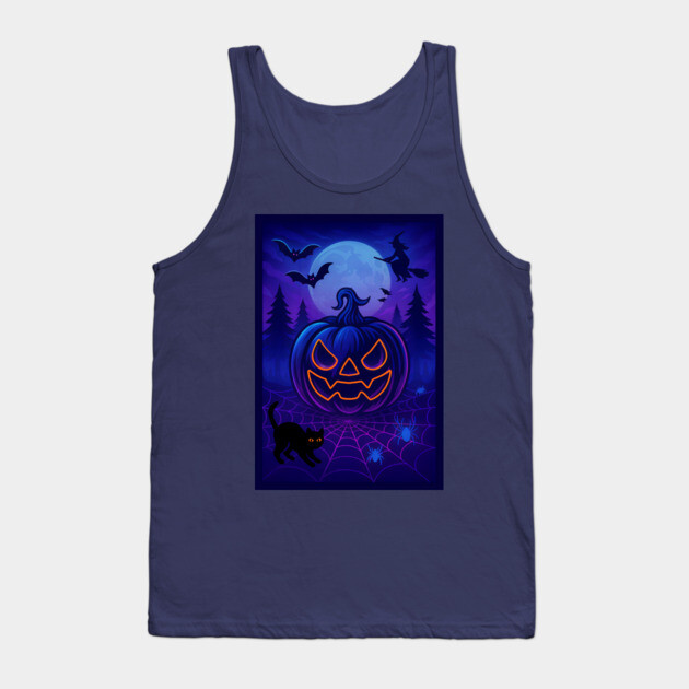Neon Halloween Jack-o’-Lantern with Witch, Cat & Spiders – Vaporwave Night Scene Tank Top by DonWillisJrArt