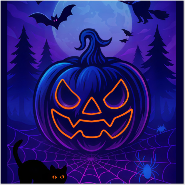 Neon Halloween Jack-o’-Lantern with Witch, Cat & Spiders – Vaporwave Night Scene Wall Art by DonWillisJrArt