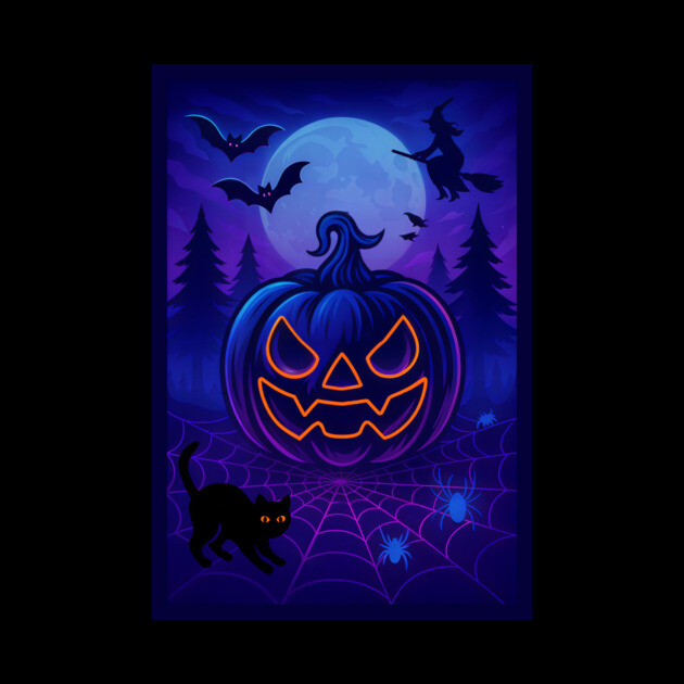 Neon Halloween Jack-o’-Lantern with Witch, Cat & Spiders – Vaporwave Night Scene by DonWillisJrArt