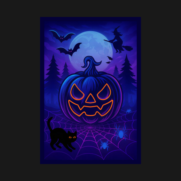 Neon Halloween Jack-o’-Lantern with Witch, Cat & Spiders – Vaporwave Night Scene by DonWillisJrArt