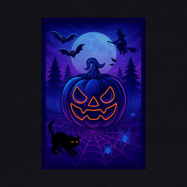 Neon Halloween Jack-o’-Lantern with Witch, Cat & Spiders – Vaporwave Night Scene by DonWillisJrArt