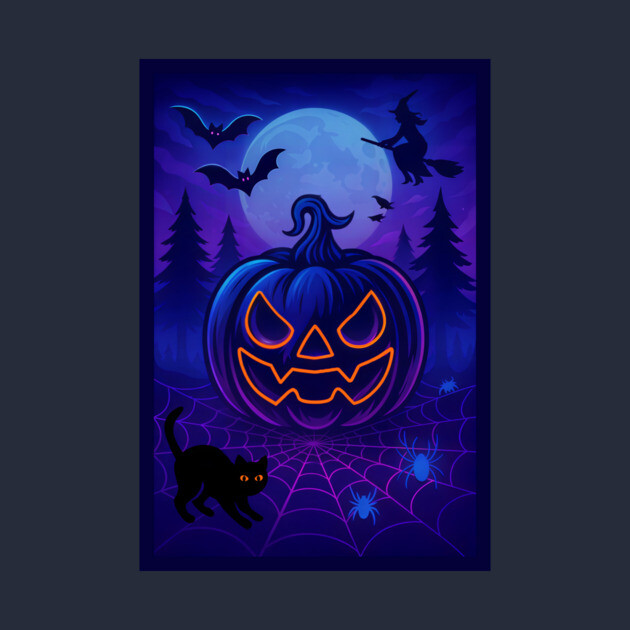 Neon Halloween Jack-o’-Lantern with Witch, Cat & Spiders – Vaporwave Night Scene by DonWillisJrArt