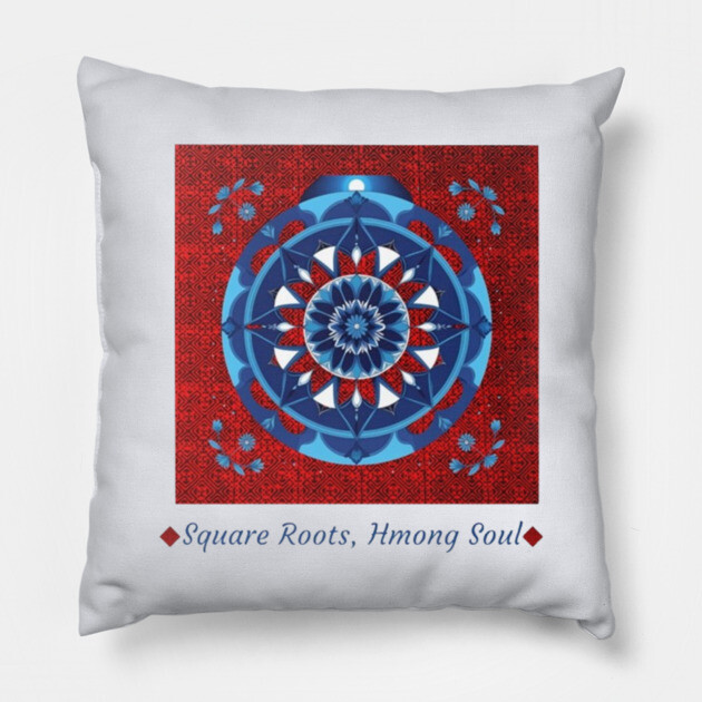 Square Roots, Hmong Soul – Tribal Mandala in Red & Blue Pillow by Pimcolle